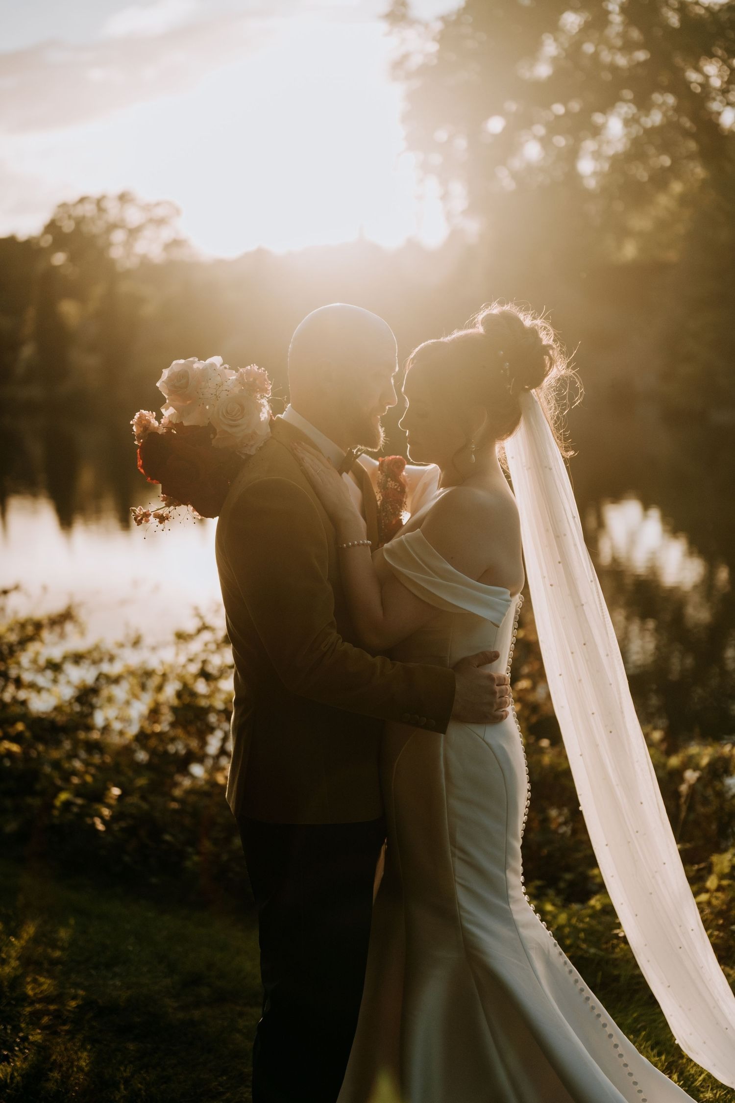 Golden hour bride and groom portrait by Lincolnshire wedding photographer