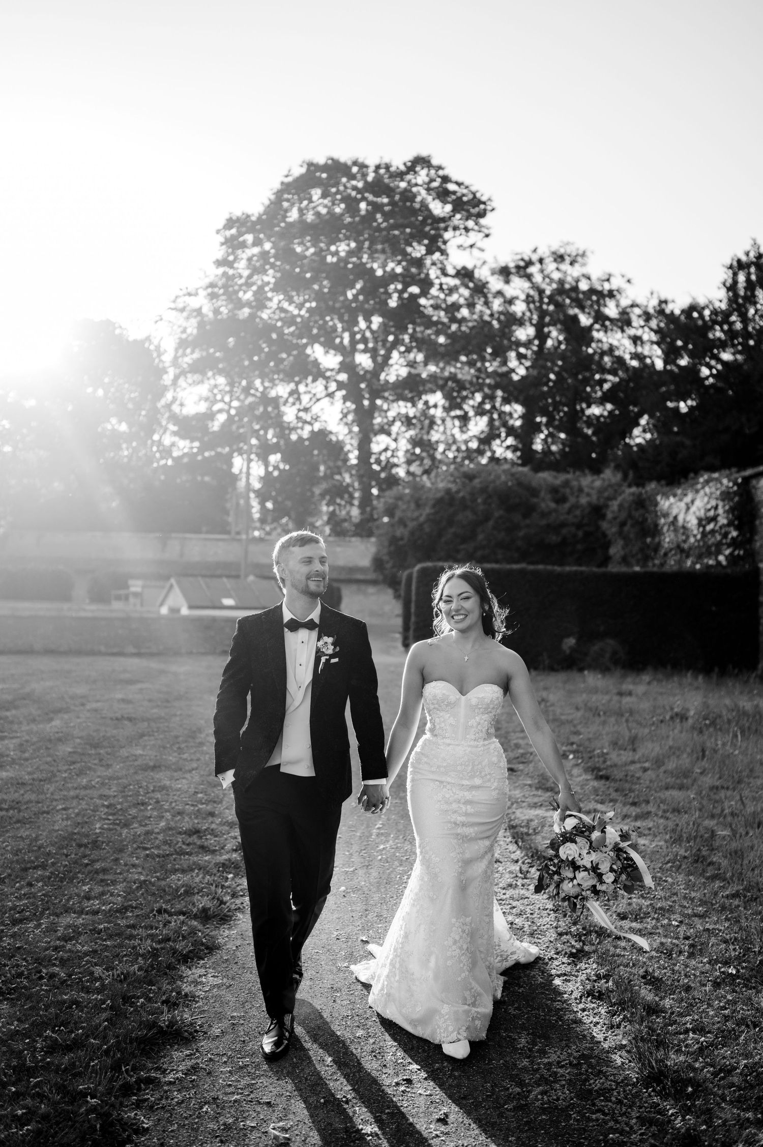 Black and white wedding portrait in Lincolnshire countryside