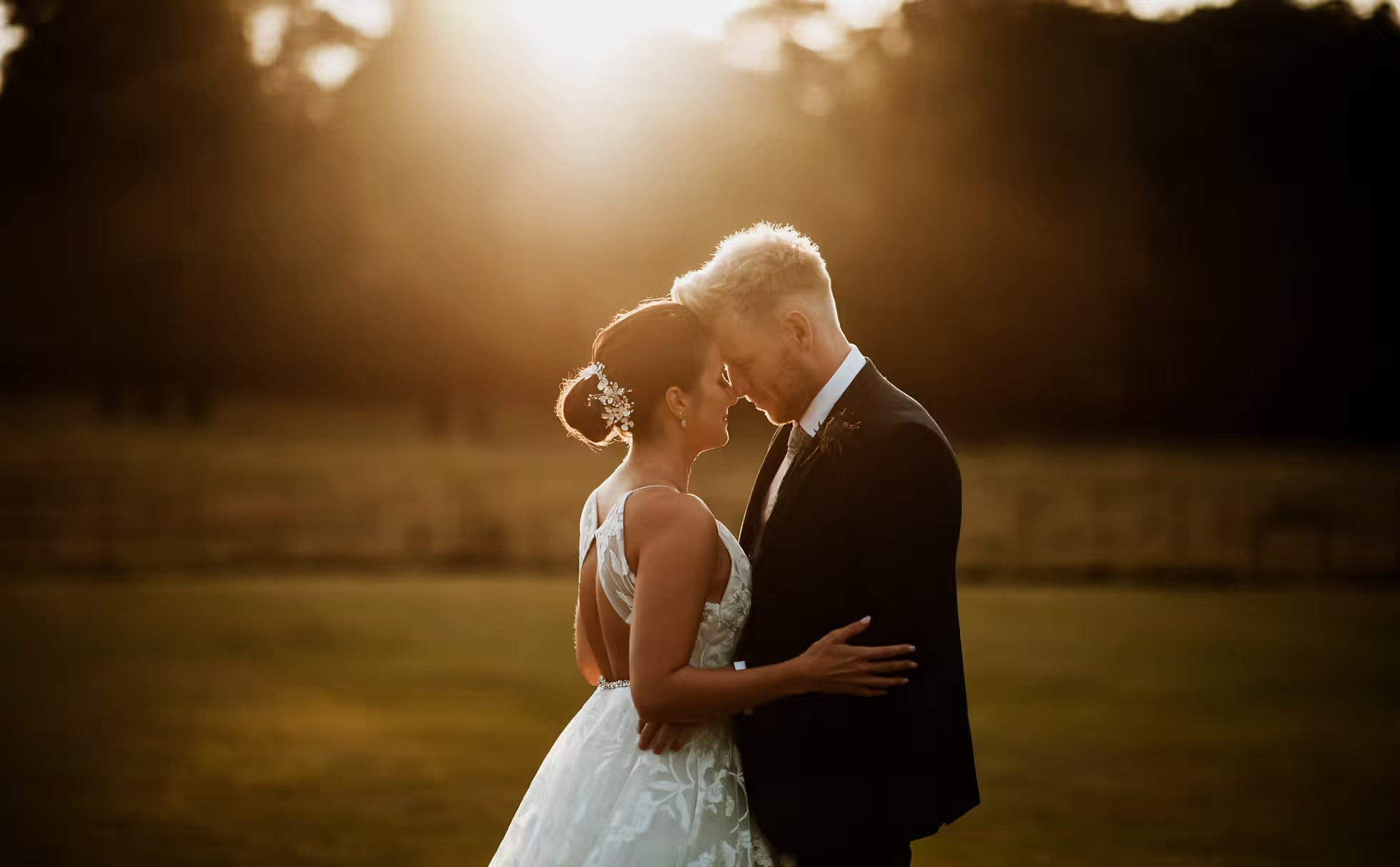Golden hour bride and groom portrait at Rise Hall wedding venue