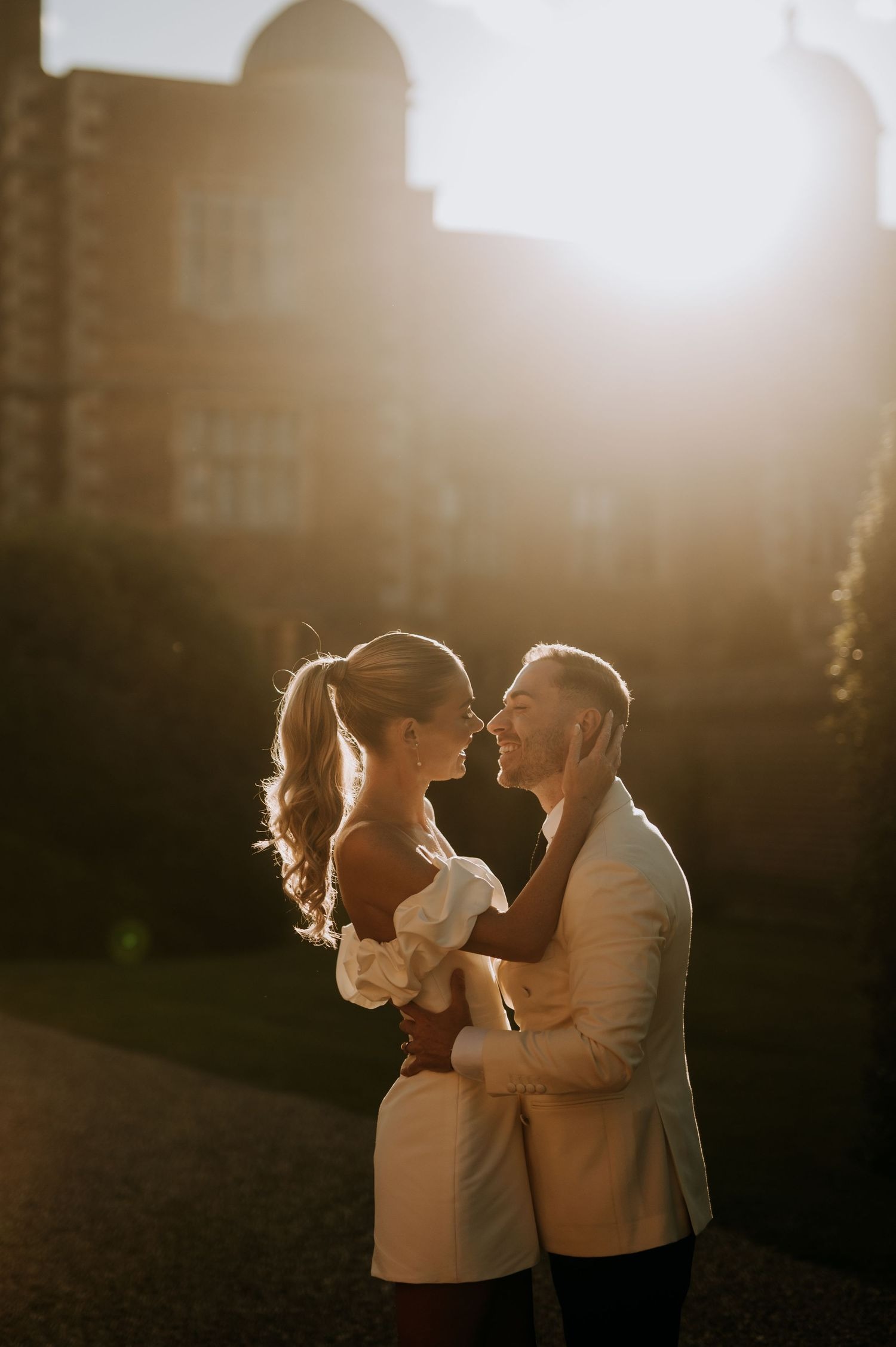 Golden hour wedding portrait outside Lincolnshire manor house