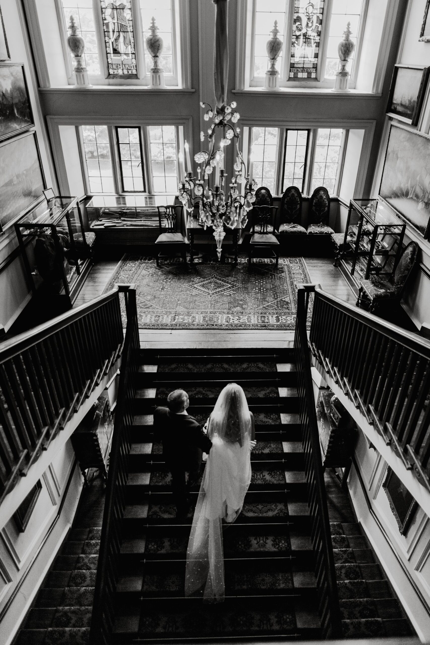 Doddington Hall Wedding Photograph of the bride on the stairway