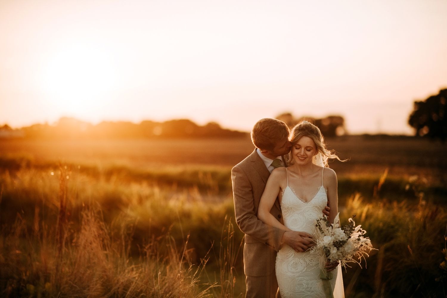 Sunset bride and groom portrait in Lincolnshire countryside