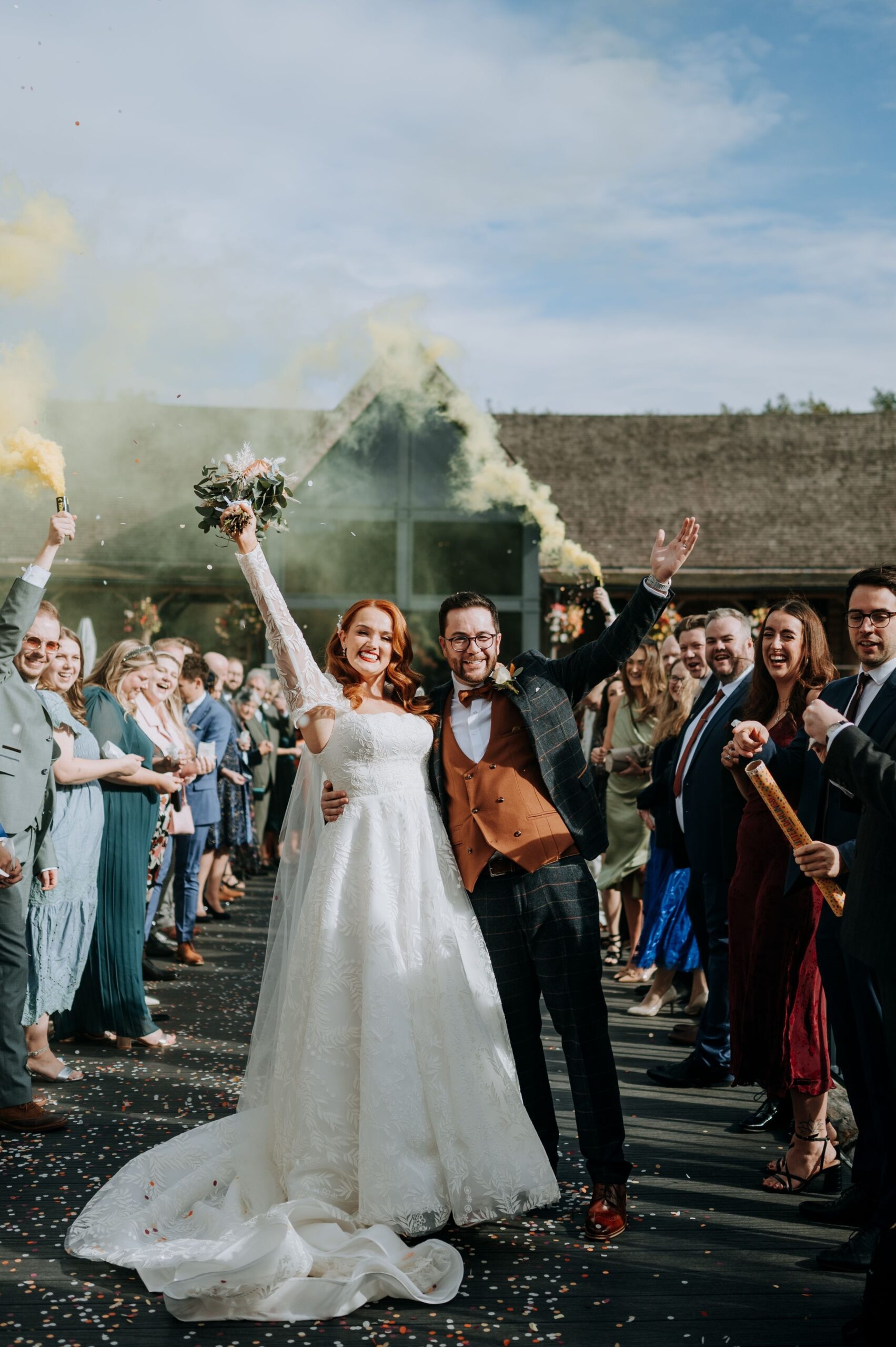 Bride and groom portrait outside Oaklands wedding venue