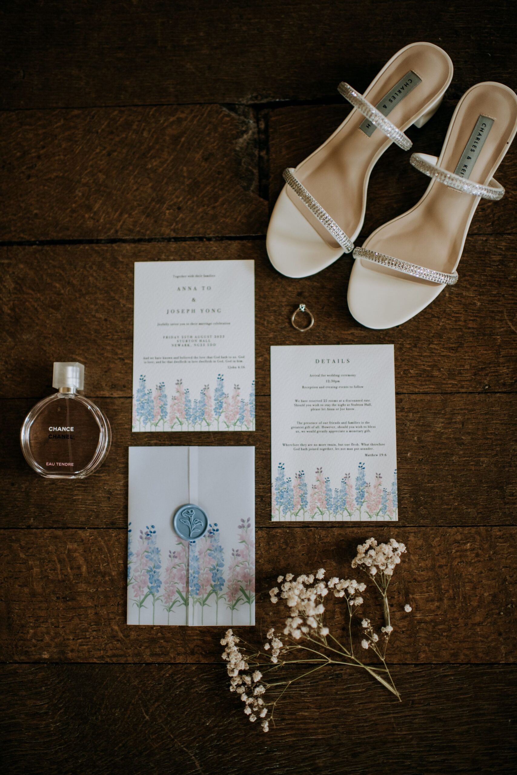 Wedding stationery flat lay photographed at Stubton Hall