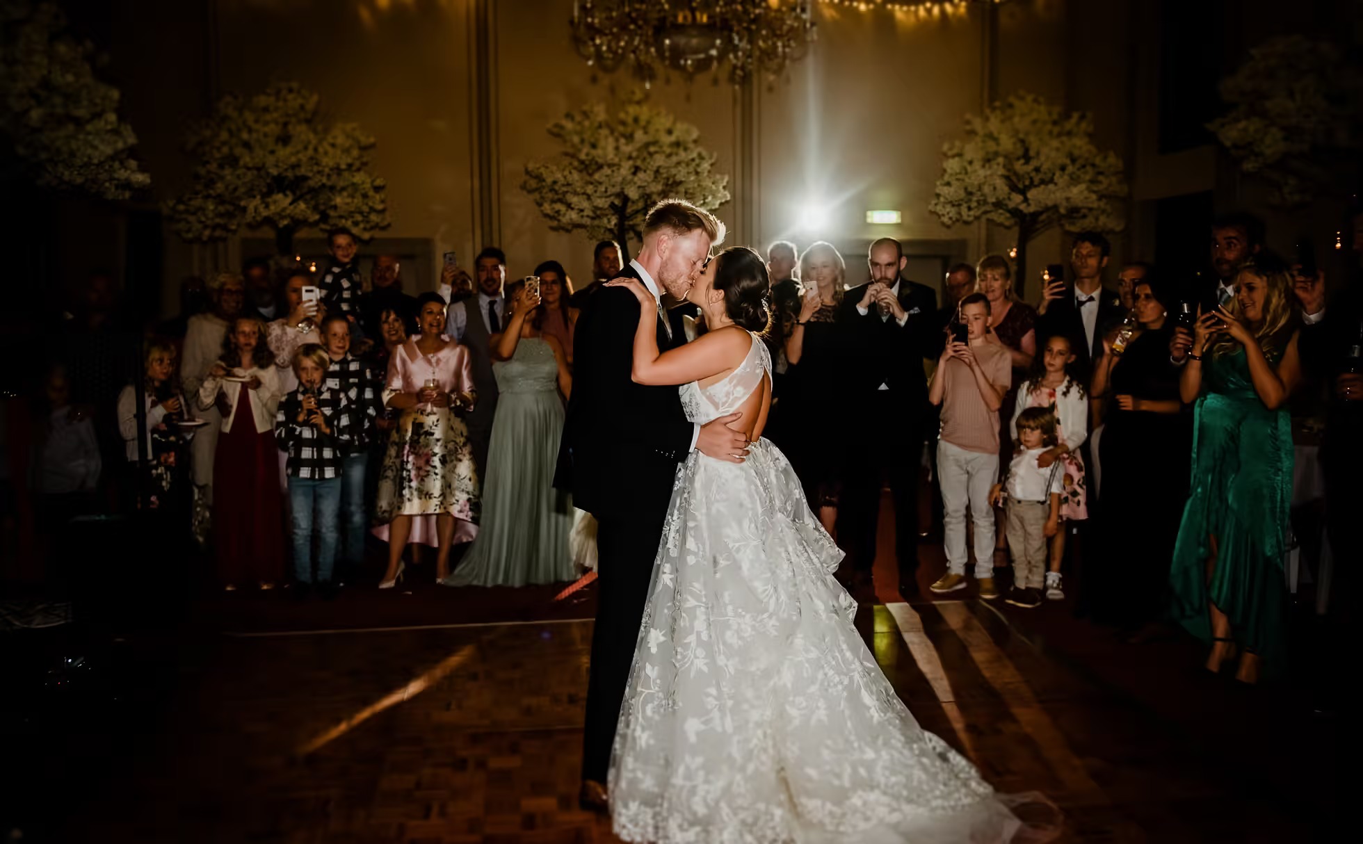 First dance during evening wedding reception at Rise Hall