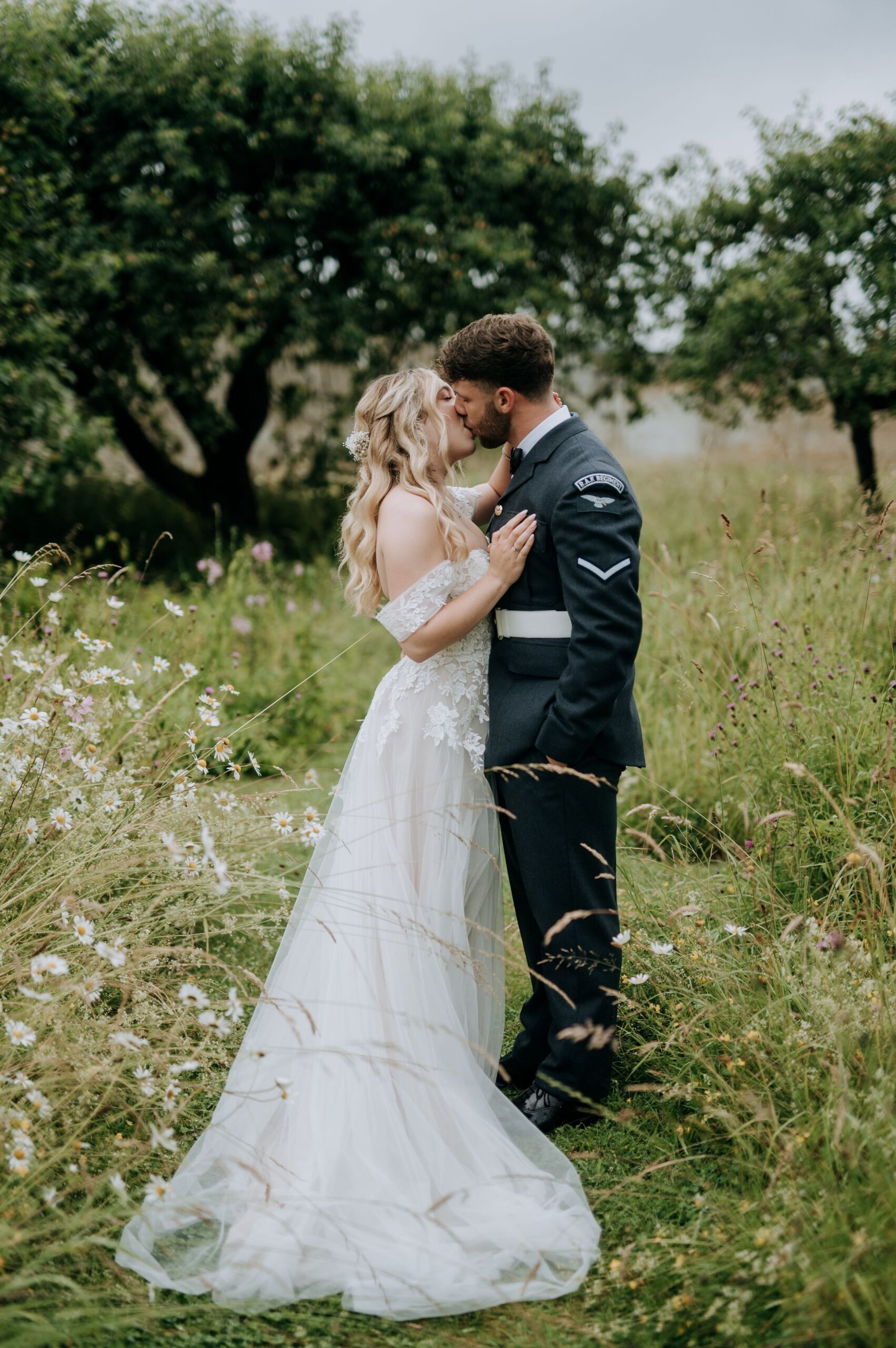 Bride and groom portrait in gardens at Scrivelsby wedding venue