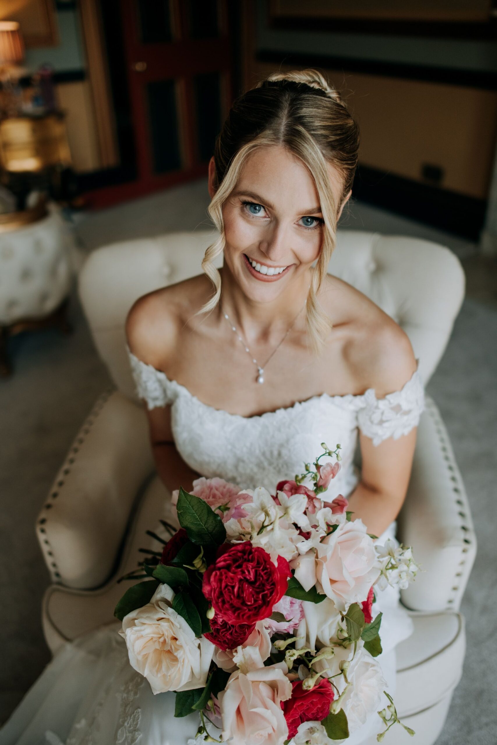 Bride portrait holding bouquet at Rise Hall wedding venue