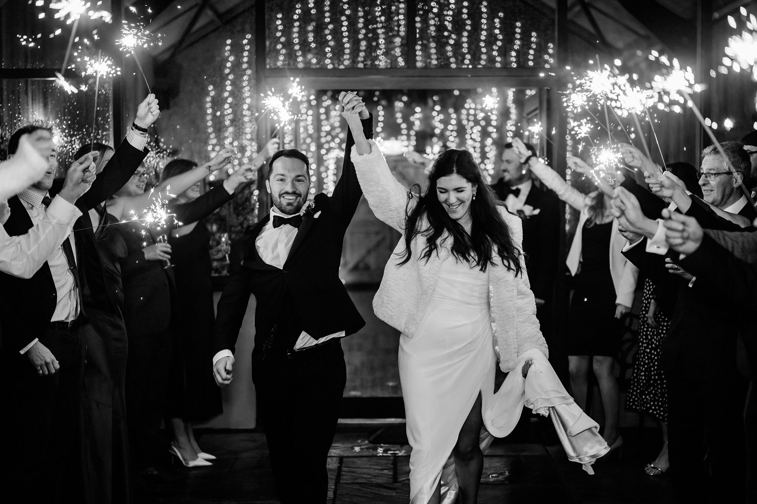 Black and white wedding dancefloor photograph at Little Wold Vineyard