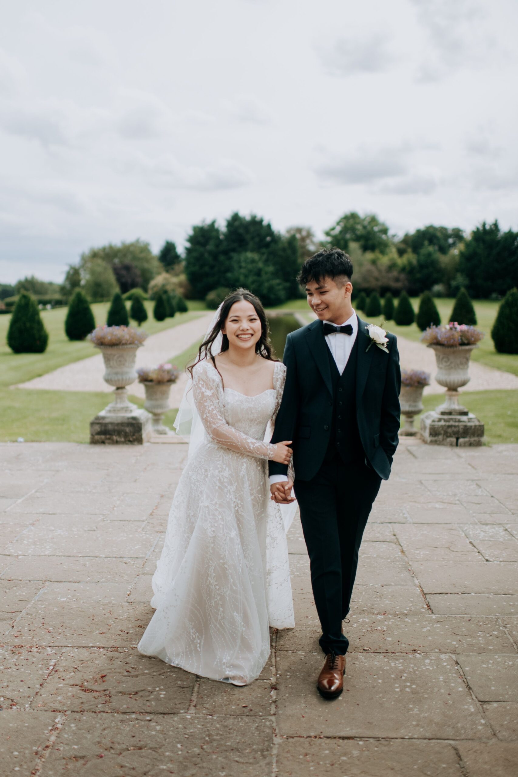 Bride and groom portrait outside Stubton Hall manor house