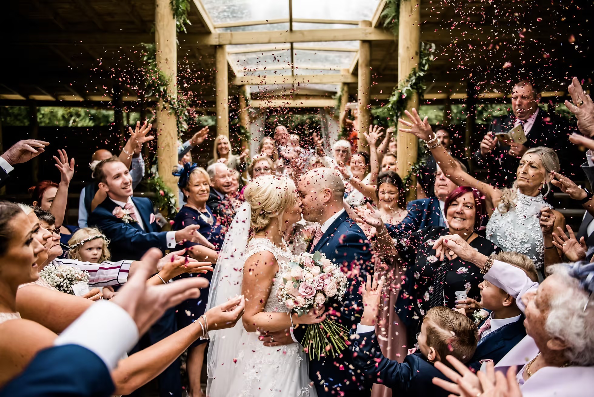 Confetti tunnel celebration at Oaklands wedding venue