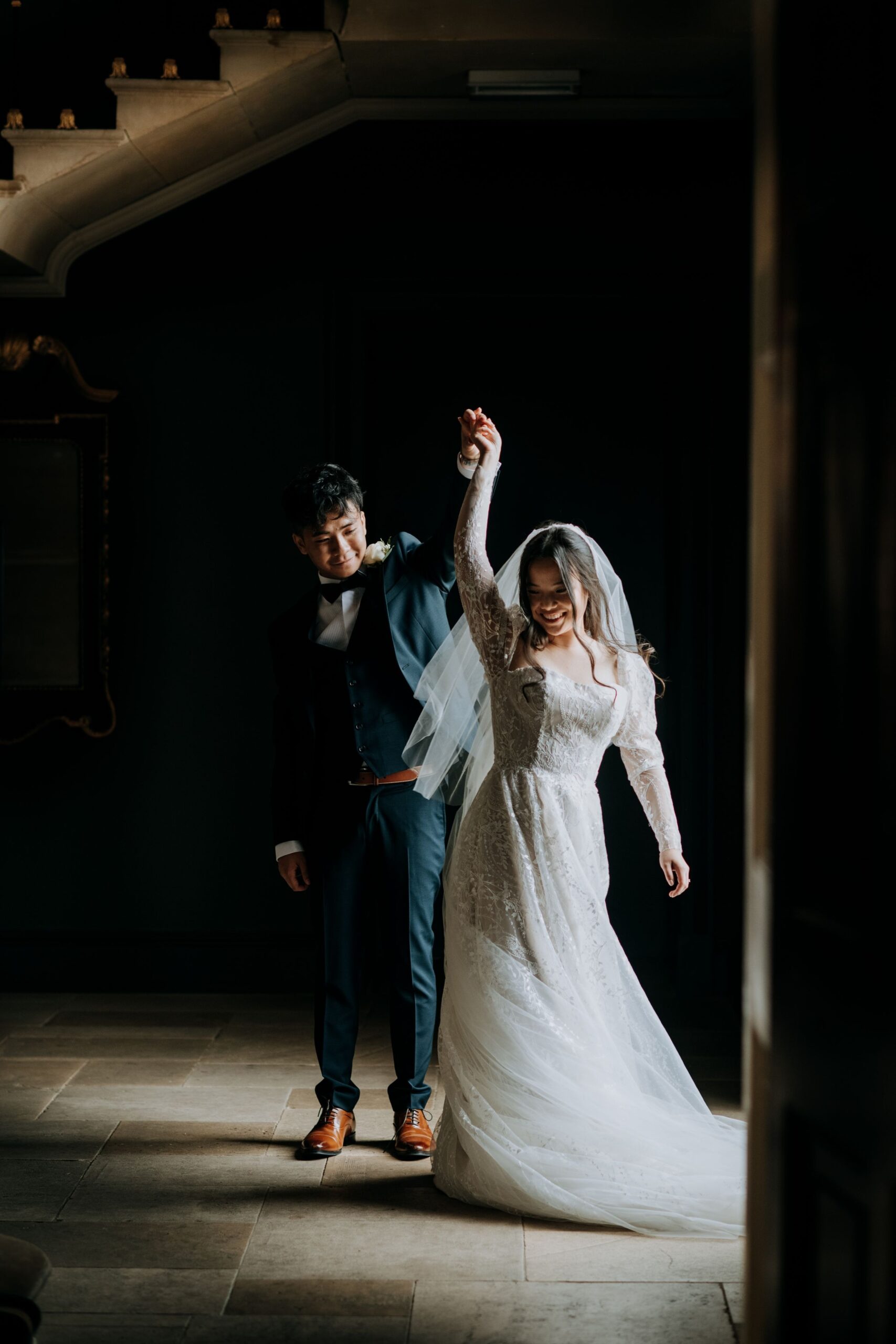 Bride and groom evening portrait at Stubton Hall wedding venue