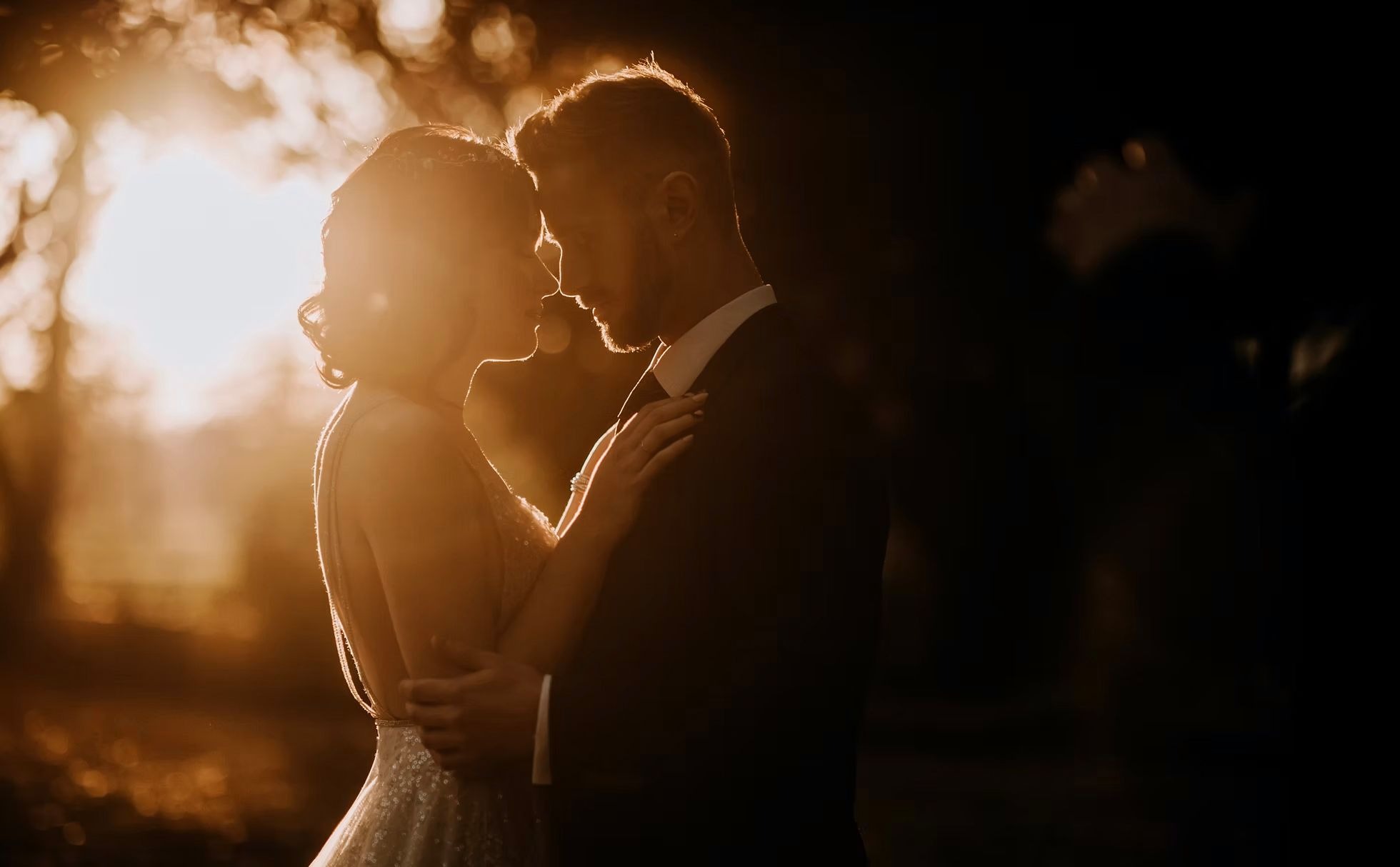 Romantic sunset silhouette portrait at Hirst Priory wedding venue