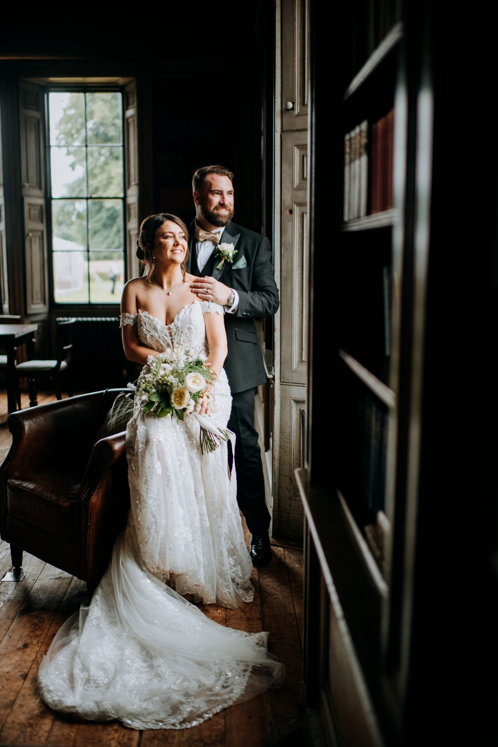 Bride and groom portrait inside Rise Hall wedding venue