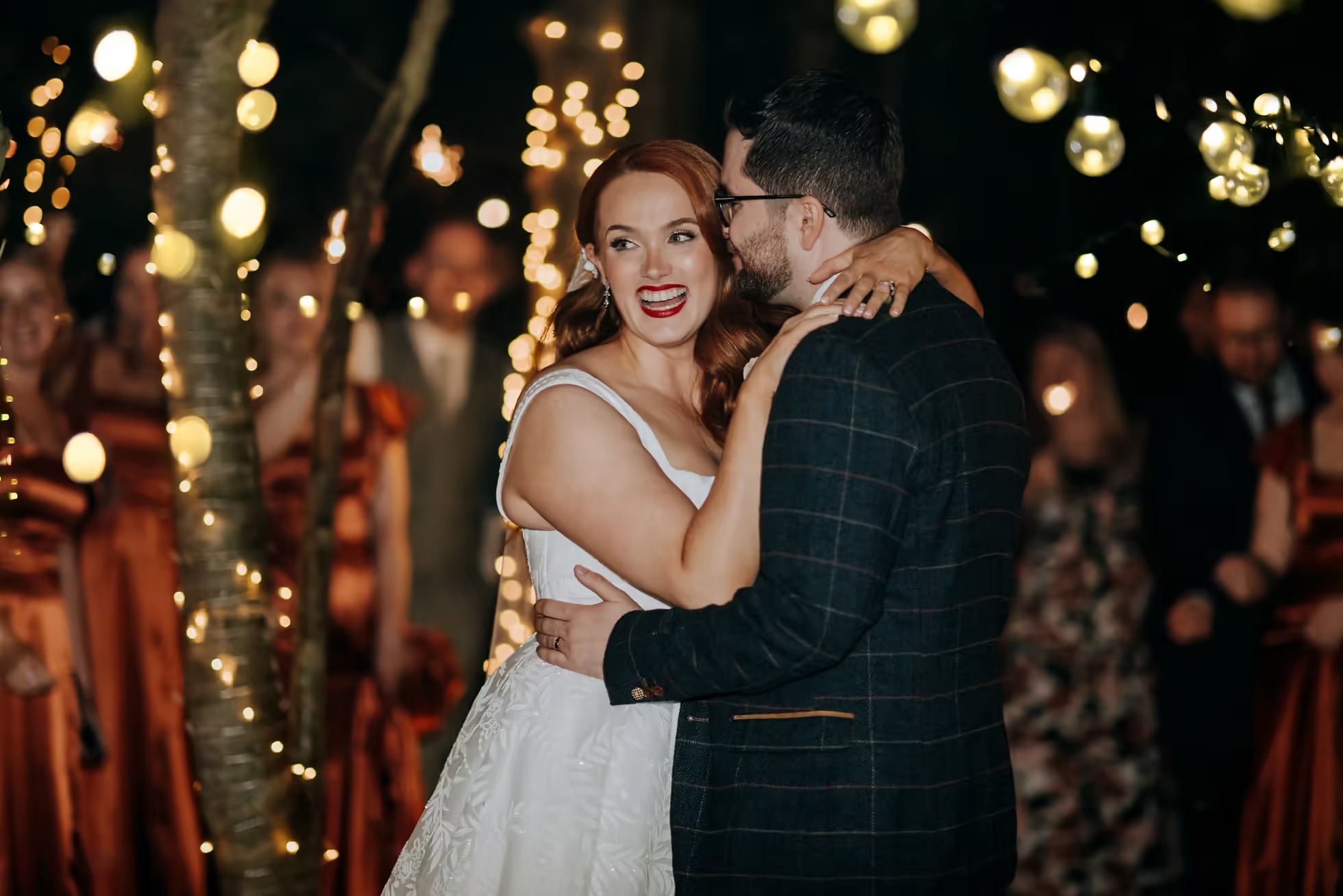 Romantic evening wedding portrait at Oaklands with fairy lights