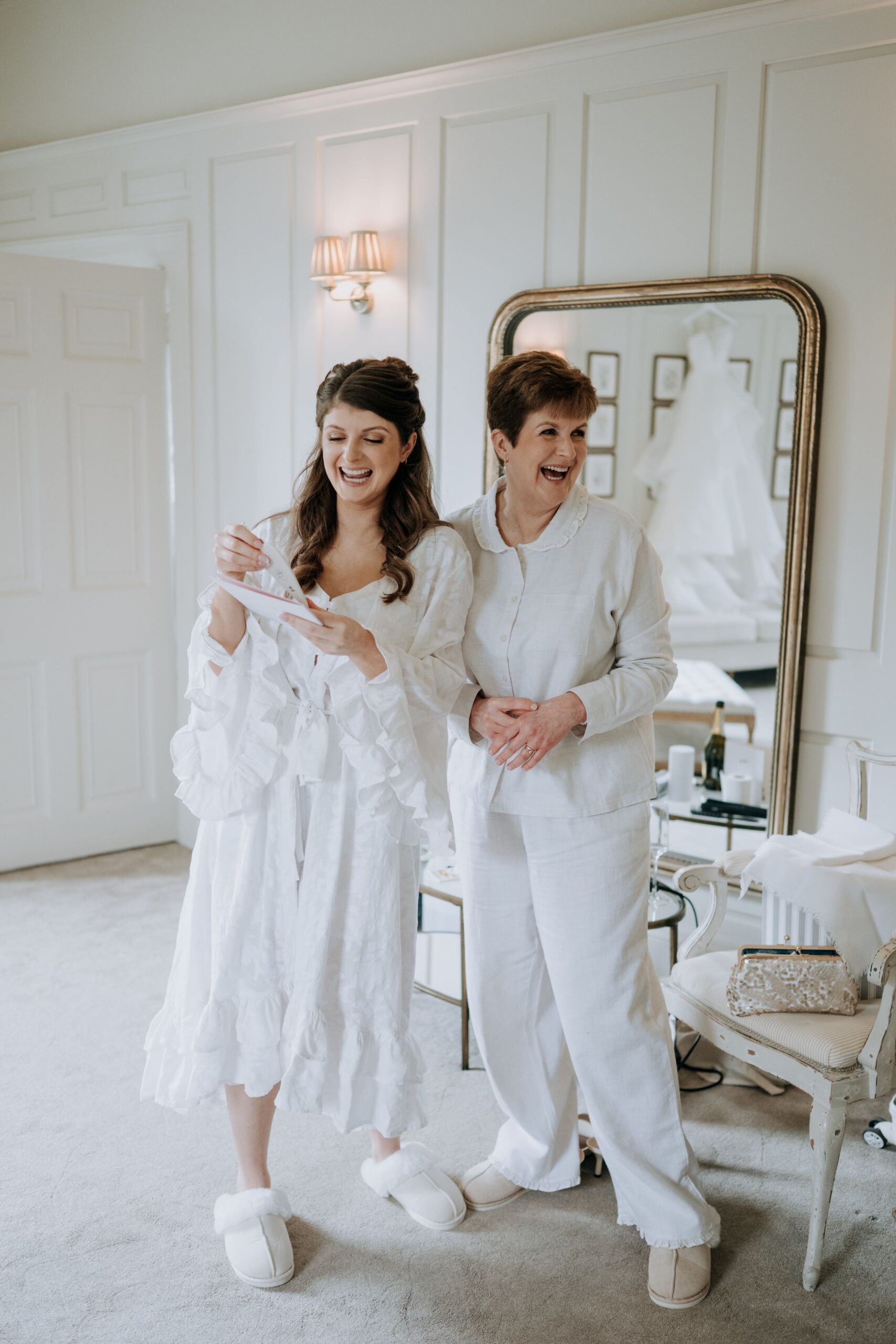 Bride getting ready with Mother of the Bride at Wootton Hall