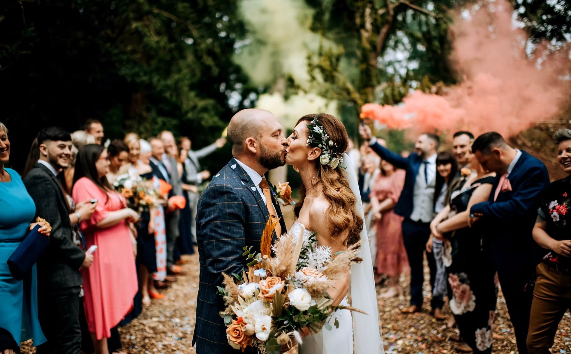 Confetti celebration outside Hirst Priory wedding venue
