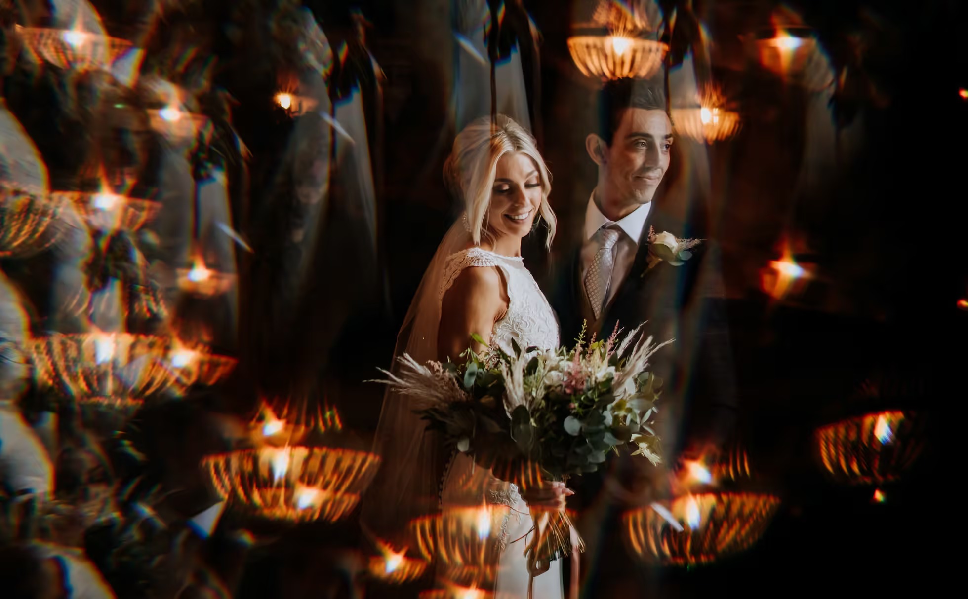 Creative evening wedding portrait at The Normans wedding venue