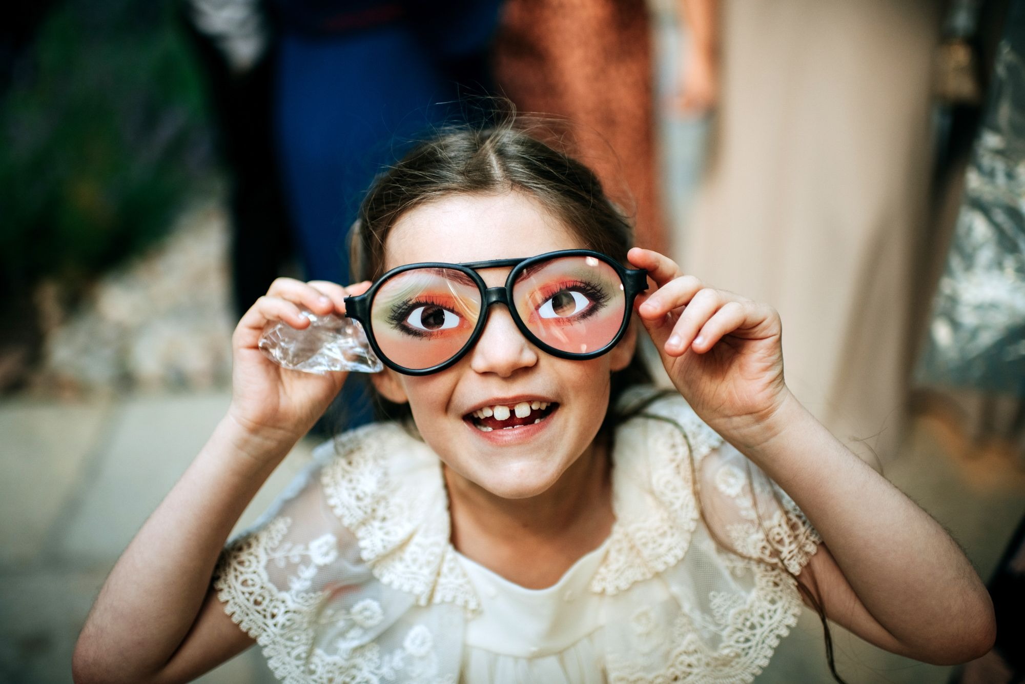 Bride wearing novelty wedding glasses at Riverlands wedding