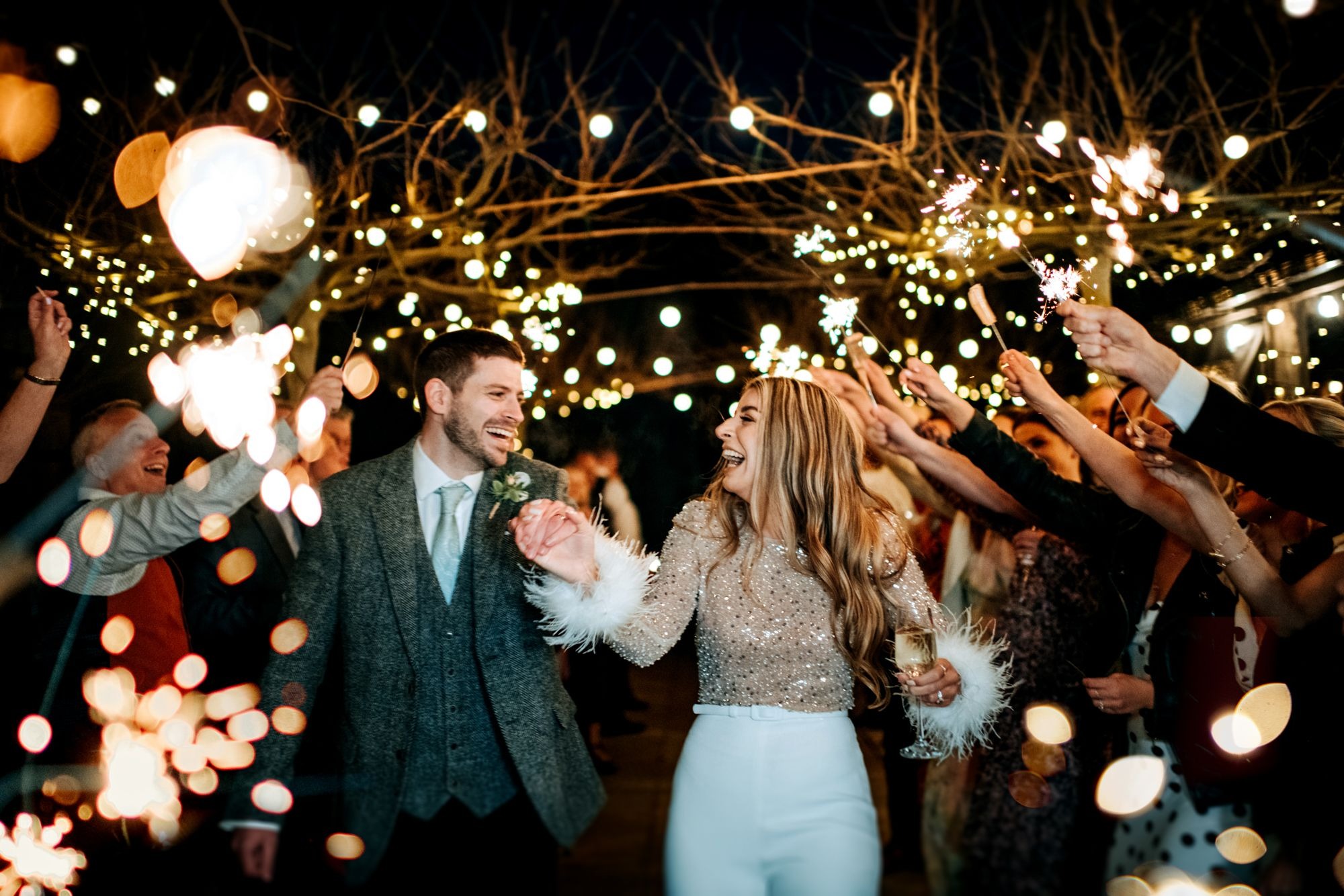 Evening sparkler exit at Riverlands wedding reception