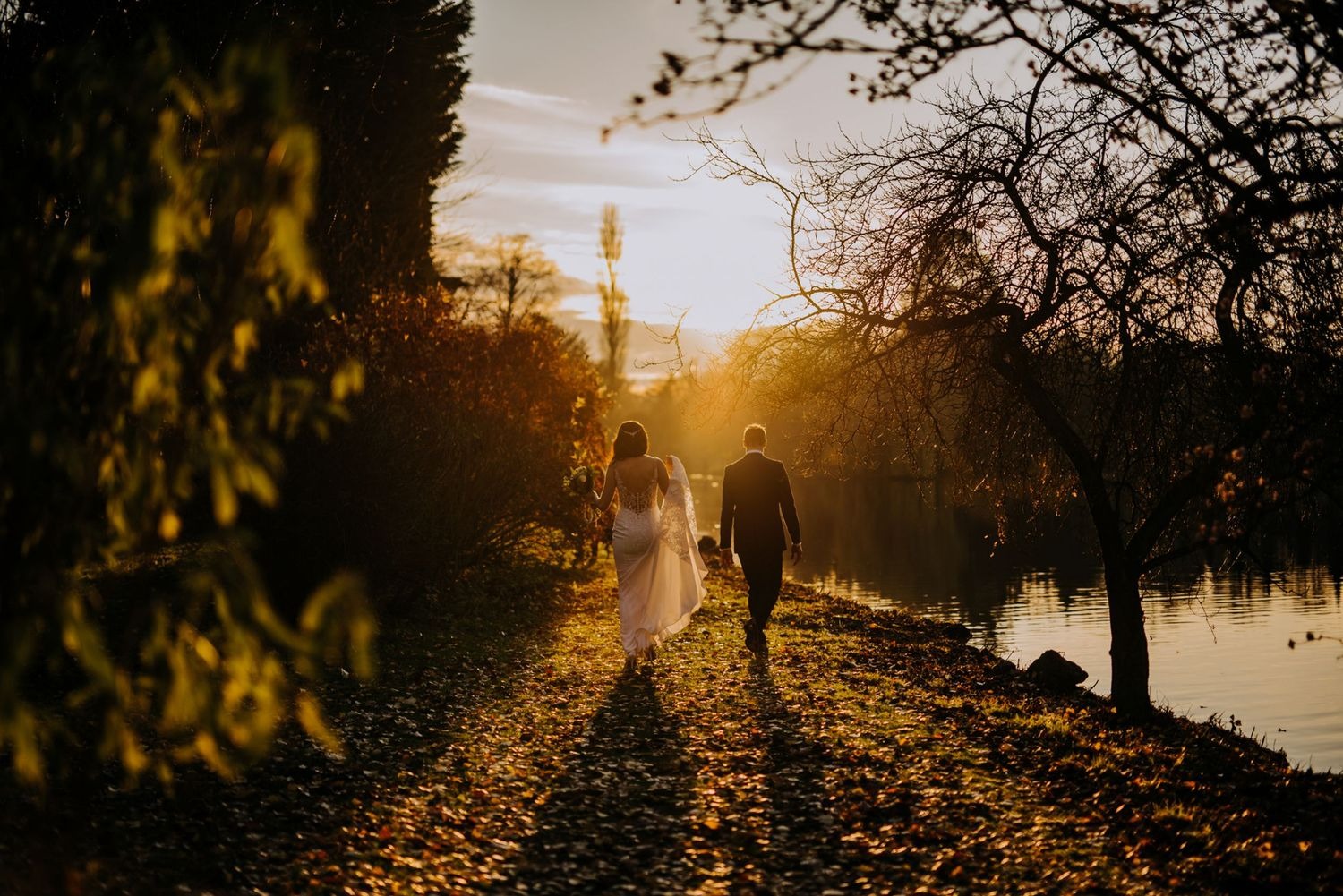 Golden hour wedding portrait in woodland in Lincolnshire