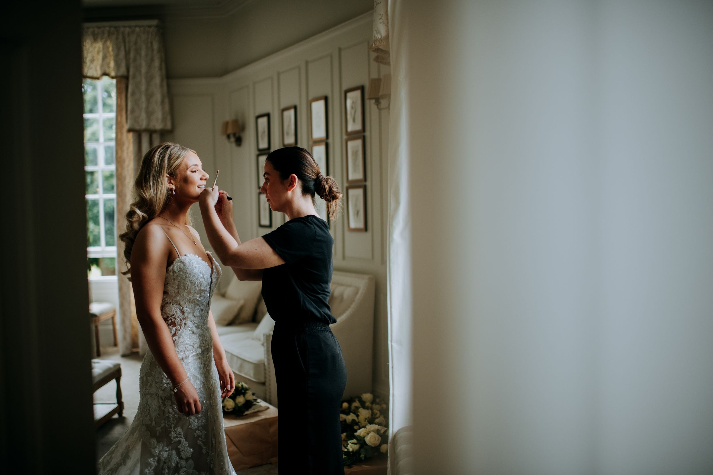 Bride getting ready during Wedding morning at Wootton Hall