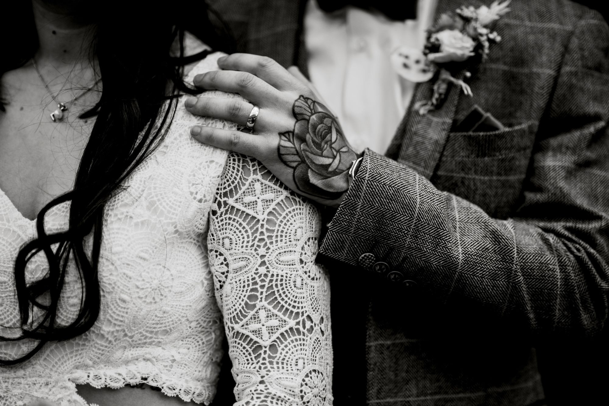 Black and white romantic wedding portrait at Riverlands