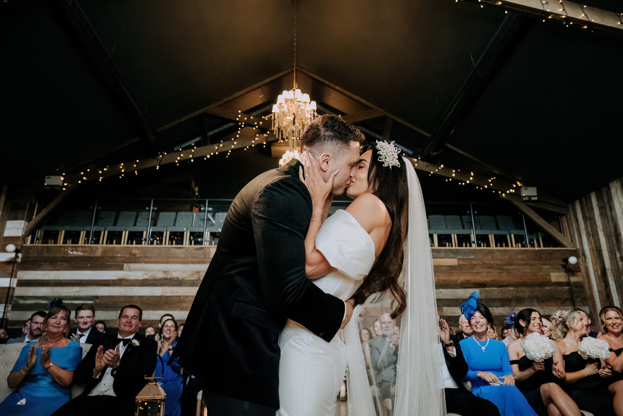 Bride & Groom First Kiss at Wharfdale Grange Wedding
