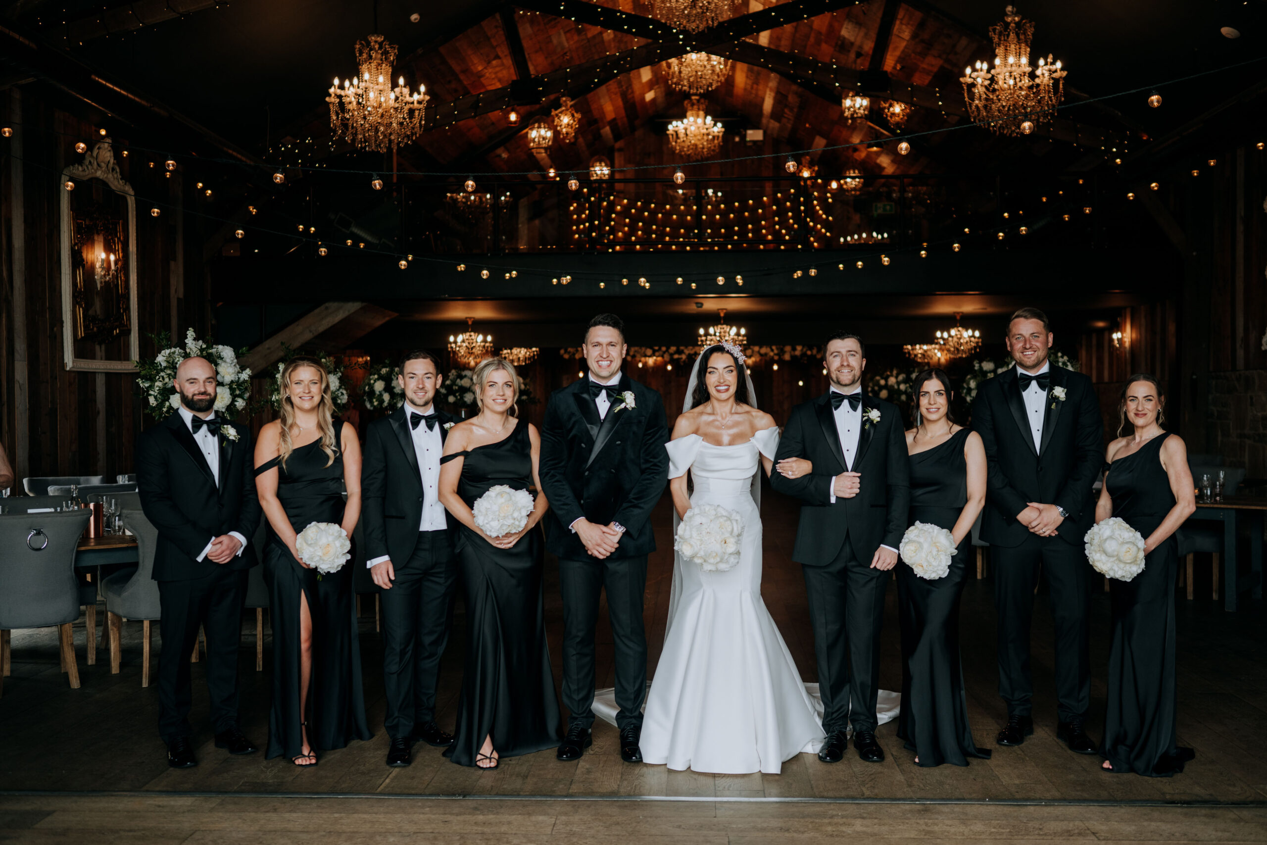 Full Bride, Bridesmaids, Groom and Groomsmen photograph at Wharfdale Grange Wedding Venue