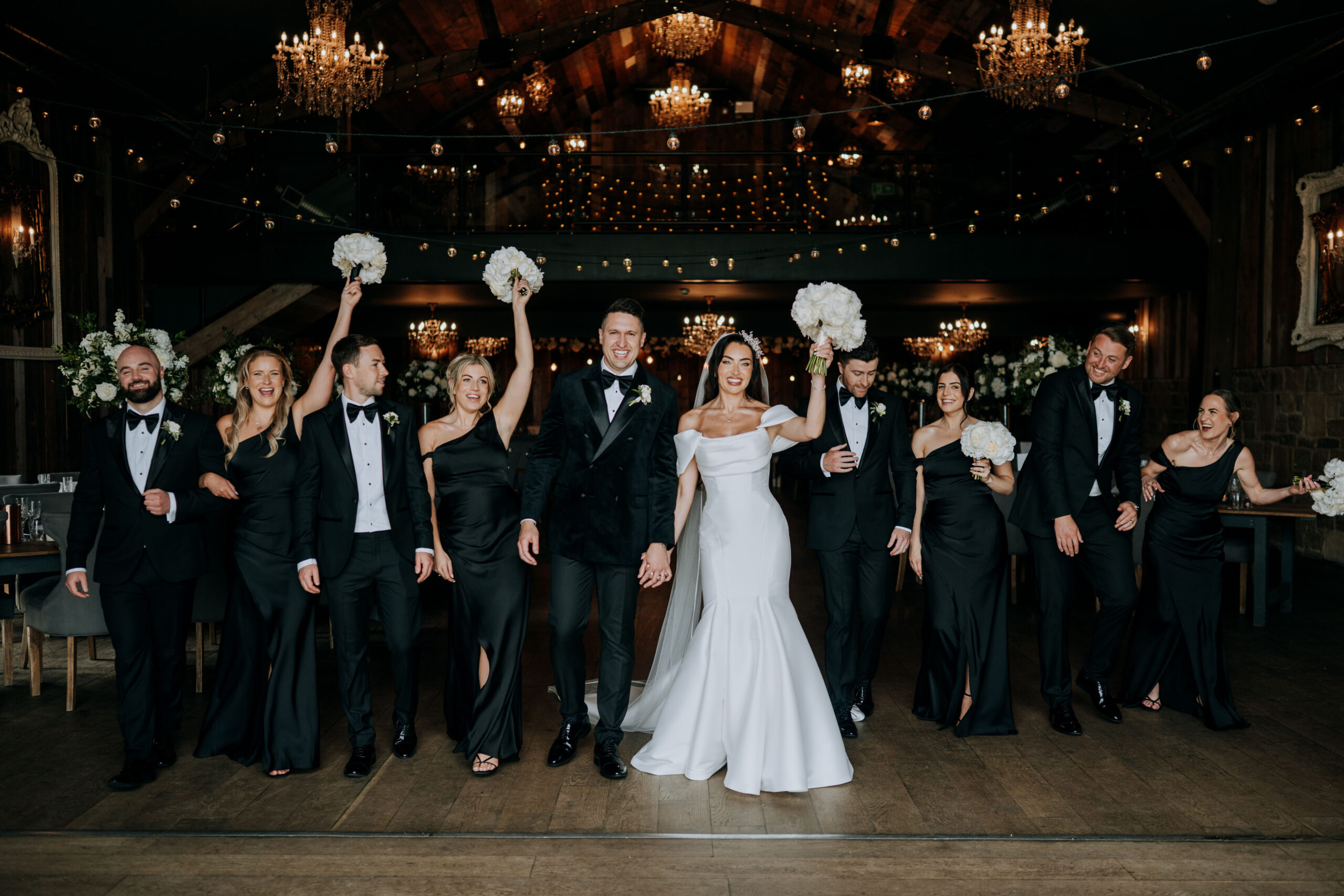 Wedding party group photo outside Wharfedale Grange